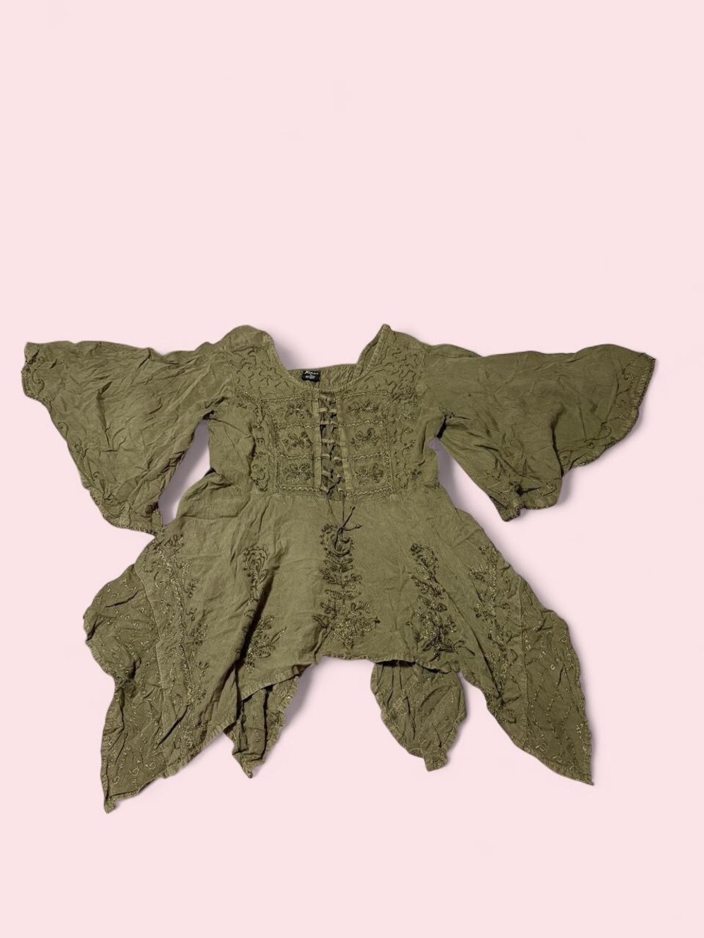 Vintage Kirat Olive Green Embroidered Peasant Blouse with Bell Sleeves